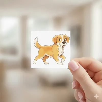 Fotografía de una Impresión de viniles decorativos con la imagen de un perrito mientras una mujer lo sostiene.